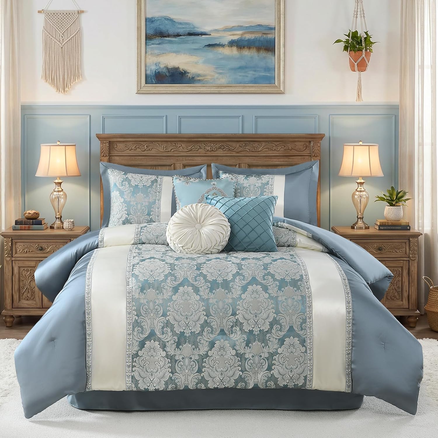 Queen Jacquard Comforter Set Teal Blue Cream - Luxury 7-Piece Bed in a Bag, Damask Patchwork Design, All Season Faux Silk Soft Fluffy Bedding with Bed Skirt, Shams, Pillows, 90'x90'