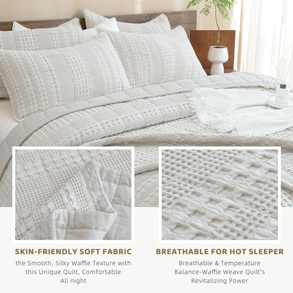 Sanracie Cotton Oversized Queen Bedspread (104 * 106'), Khaki Waffle Weave Quilt Set Farmhouse Shabby Boho Chic Bedding Coverlet Set All Season