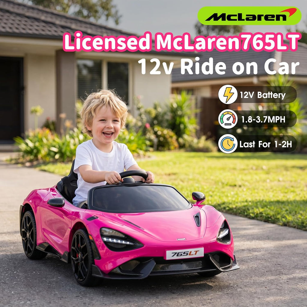 Kids Ride-on Car Licensed McLaren765LT for 3-6Years Old, Electric car 12V Battery Powered Electric Vehicle, w/Parent Remote, Music Player, LED Lights, Smooth Start, 3 Speeds, Pink