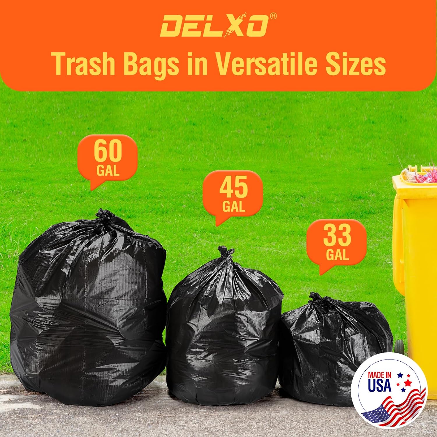 Delxo 30-33 Gallon Trash Bags, 1000 Count – 0.6 Mil Medium Duty Garbage Bags, Durable Plastic Bolsas para basura, Perforated Design– Made in USA for Kitchen, Yard, Office (Black)