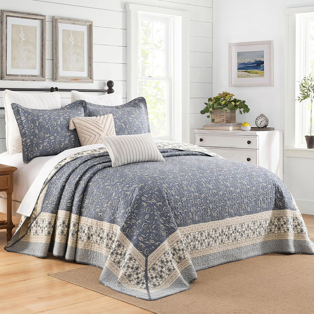 Floral Bedspread 128'x120' California King Bedspread, 100% Cotton XL Oversized King Quilt with 2 Pillowshams, Lightweight Botanical Quilted Bedspreads Coverlet Set, Blue/Gray/Beige, 3 Pcs