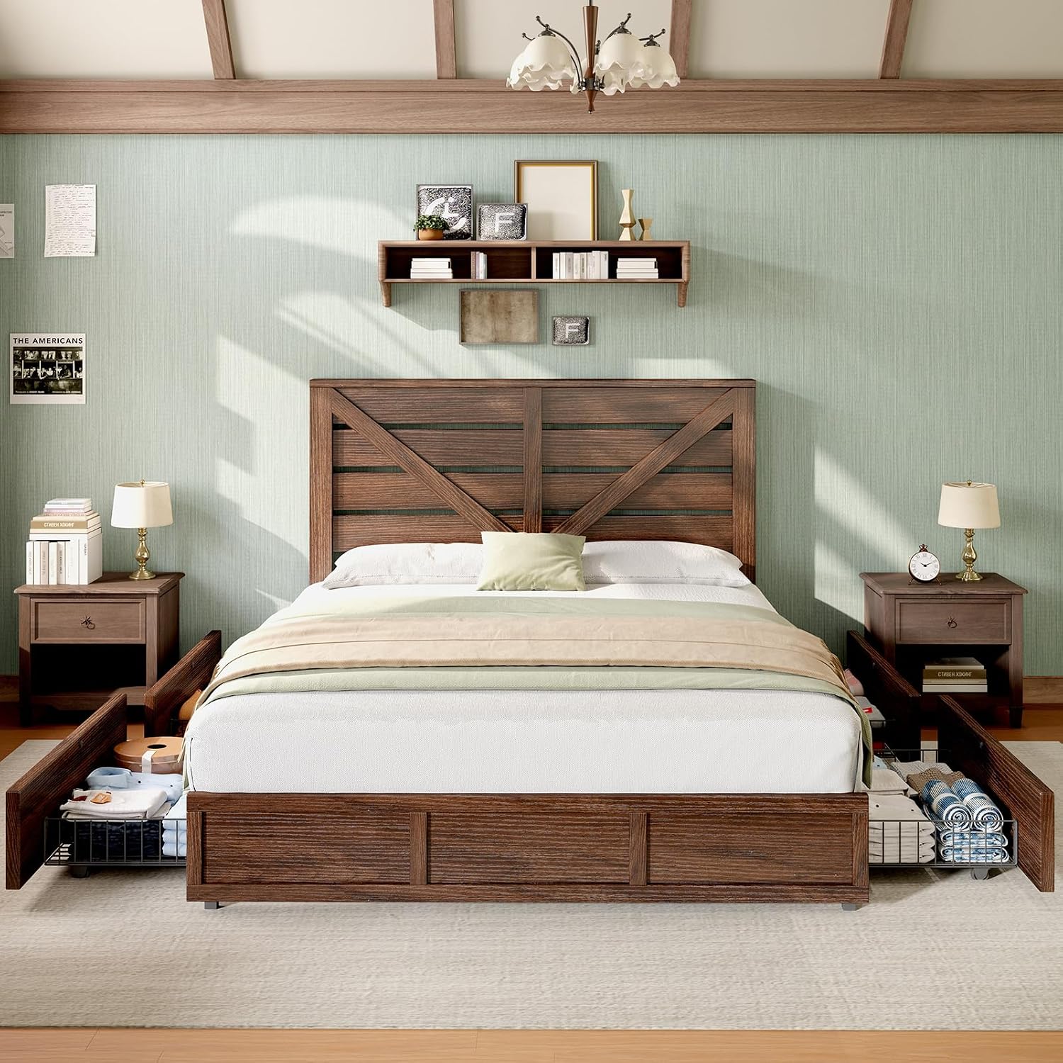 AMERLIFE King Size Farmhouse Bed Frame with 4 Drawers, Wooden Storage Bed Frame with Headboard and Heavy Duty Metal Slats, Noisy Free, Easy Assemble, Rusric Brown
