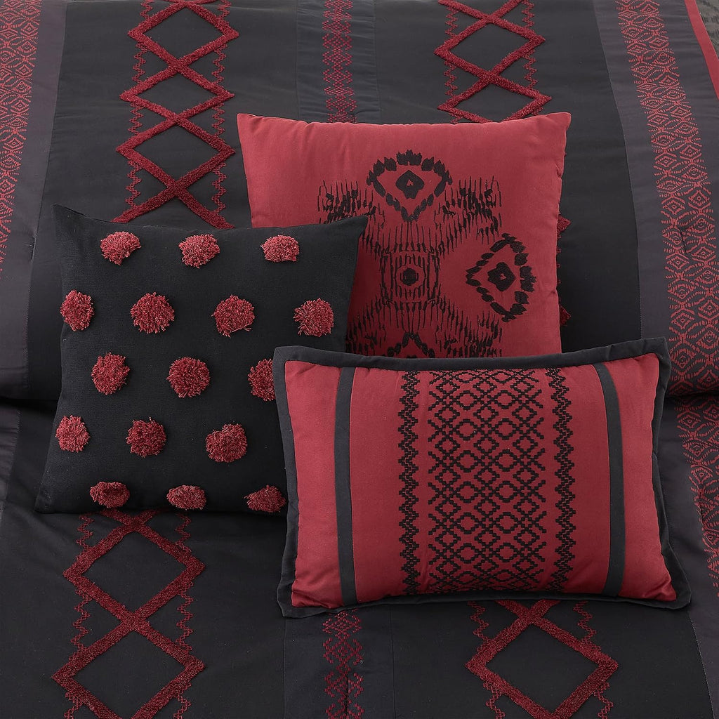 LANCO MODERN LIFESTYLE Black Red King Comforter Set, 7 Pieces All Season Bedding Sets in a Bag with Geometric Terry Embroidered Comforter, Bed Skirt, Pillow Shams and Decorative Pillows
