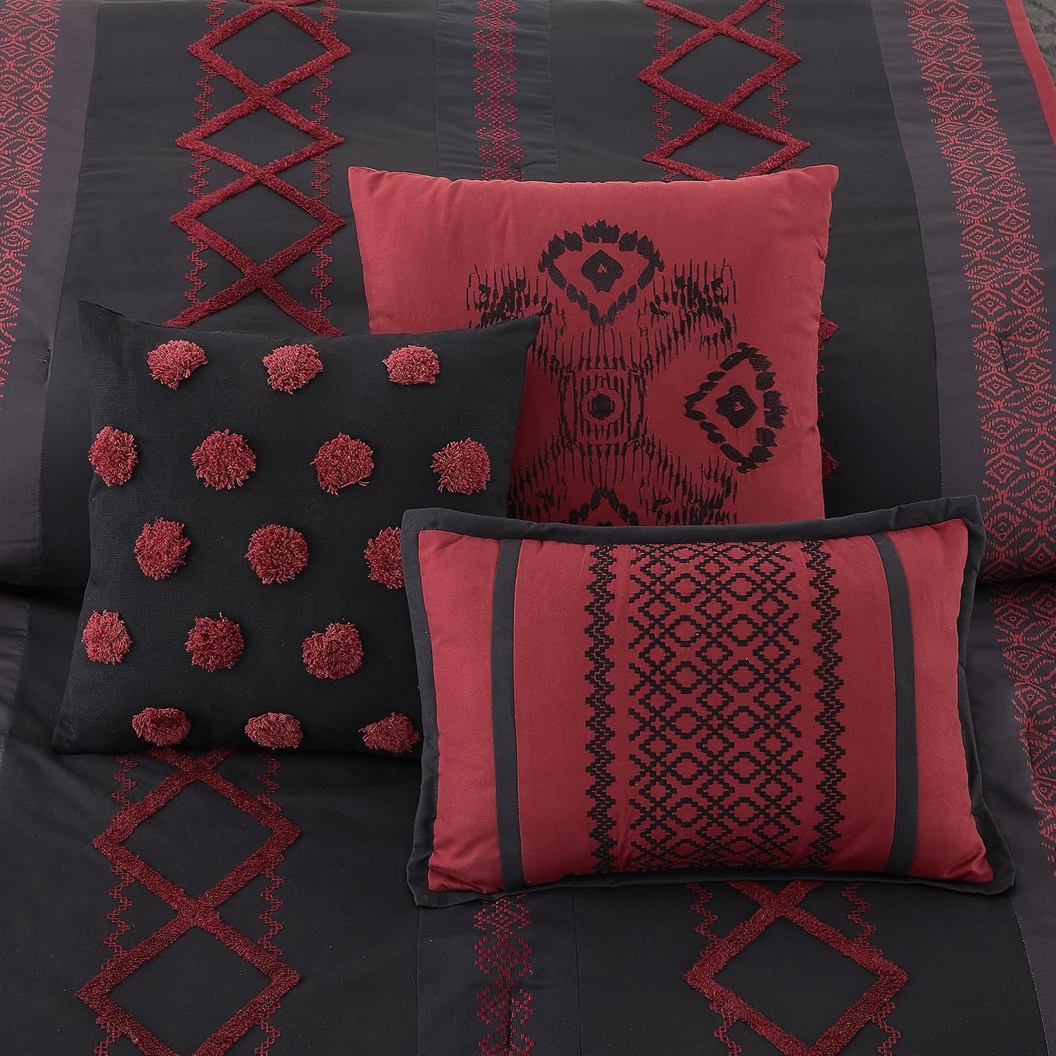 LANCO MODERN LIFESTYLE Black Red King Comforter Set, 7 Pieces All Season Bedding Sets in a Bag with Geometric Terry Embroidered Comforter, Bed Skirt, Pillow Shams and Decorative Pillows