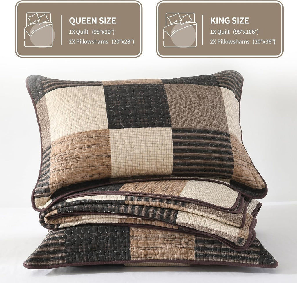 KALOOLA 100% Cotton King Size Quilt Set - Lightweight Farmhouse Quilted Bedspread with 2 Pillowshams for King Bed, Reversible Printed Plaid Design Bedding for All Season, Charcoal/Beige/Brown, 3Pcs