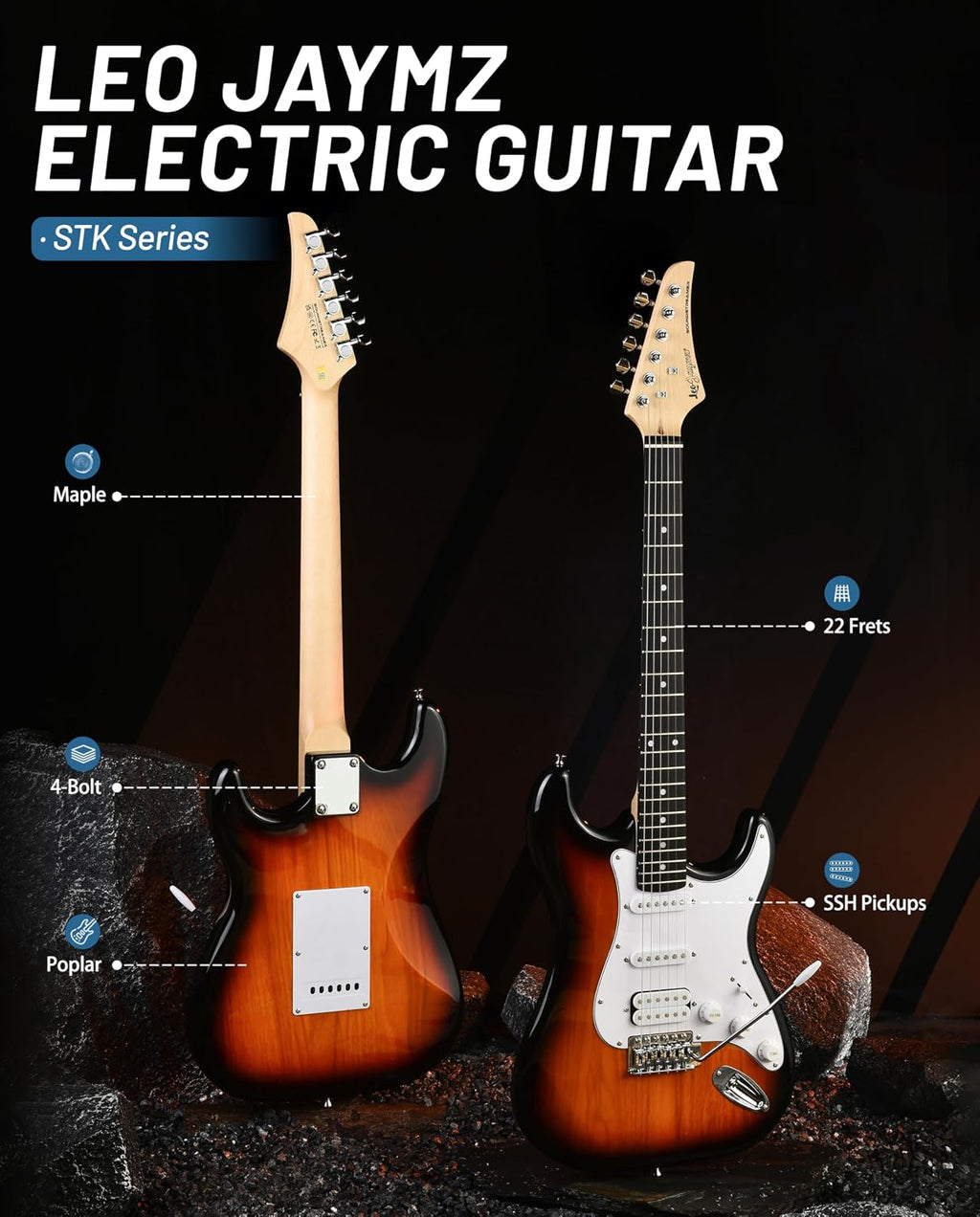 Leo Jaymz Beginner Electric Guitar Complete Kit with Portable Amp, Padded Gig Bag & Full Accessories, Maple Neck HSS Pickups (Sunburst-HSS)