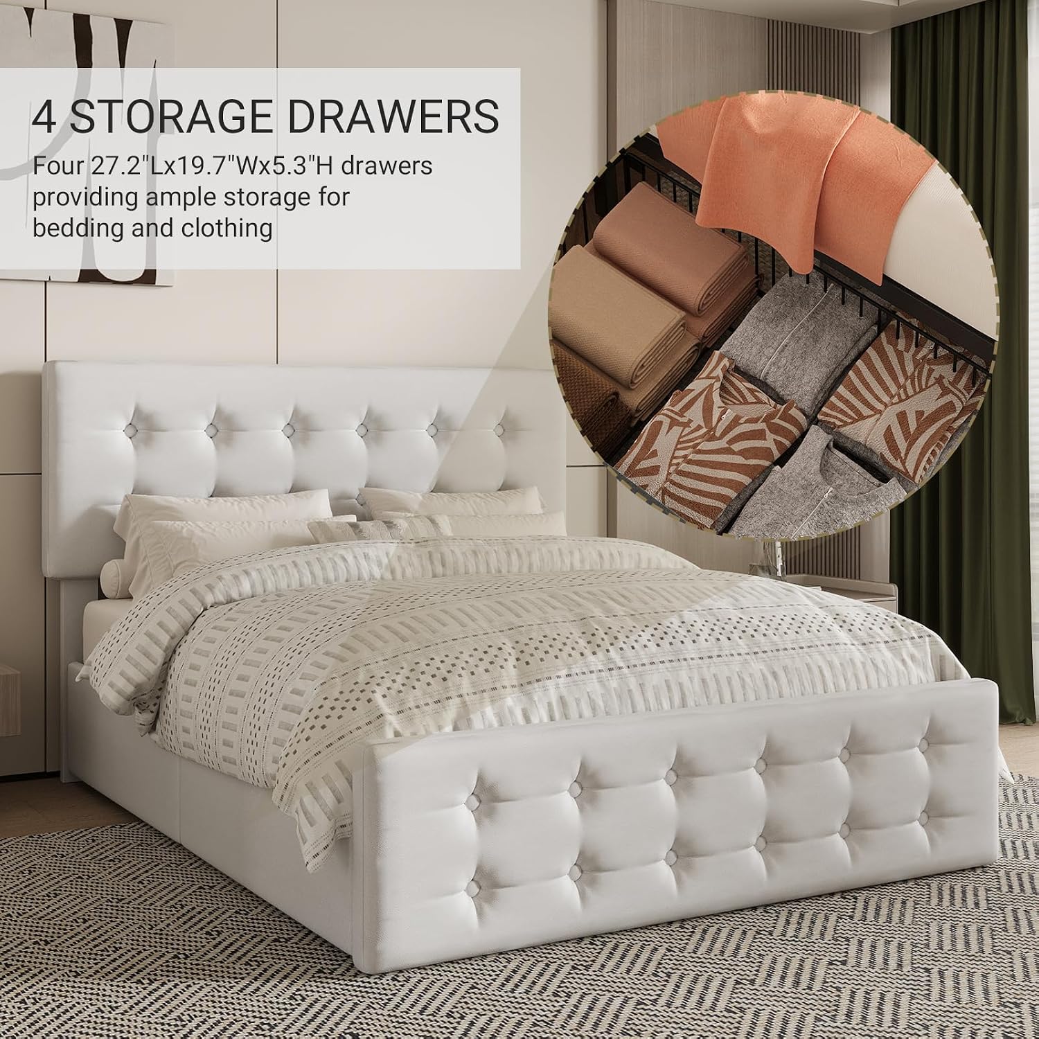 Queen Size Platform Bed Frame with 4 Storage Drawers & Headboard, Faux Leather Upholstered, Button Tufted Design, Wooden Slats Support, Noise-Free Mattress Foundation, No Box Spring Needed, Beige