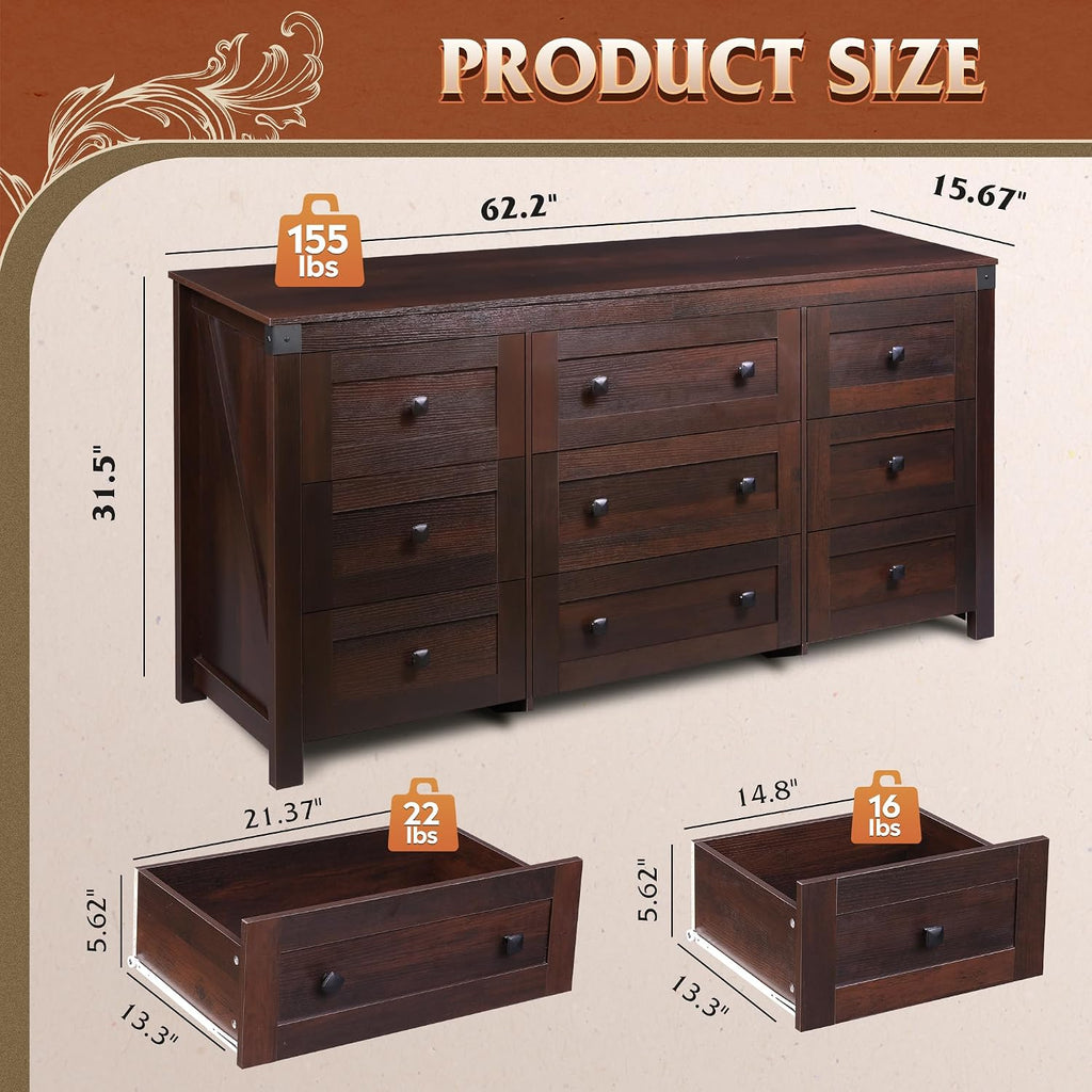 WLIVE Farmhouse Dresser for Bedroom, 63' Wide 9 Drawer Dresser Storage Organizer, Wood Chest of Drawers for Bedroom, TV Stand for 70 inch TV for Living Room, Hallway, Ball Bearing Slide (Brown)