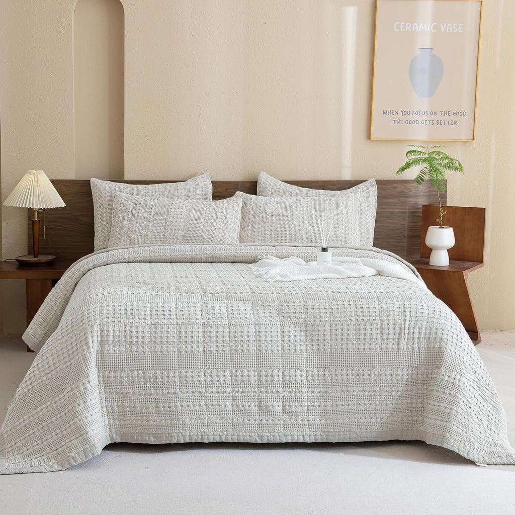 Sanracie Cotton Oversized Queen Bedspread (104 * 106'), Khaki Waffle Weave Quilt Set Farmhouse Shabby Boho Chic Bedding Coverlet Set All Season