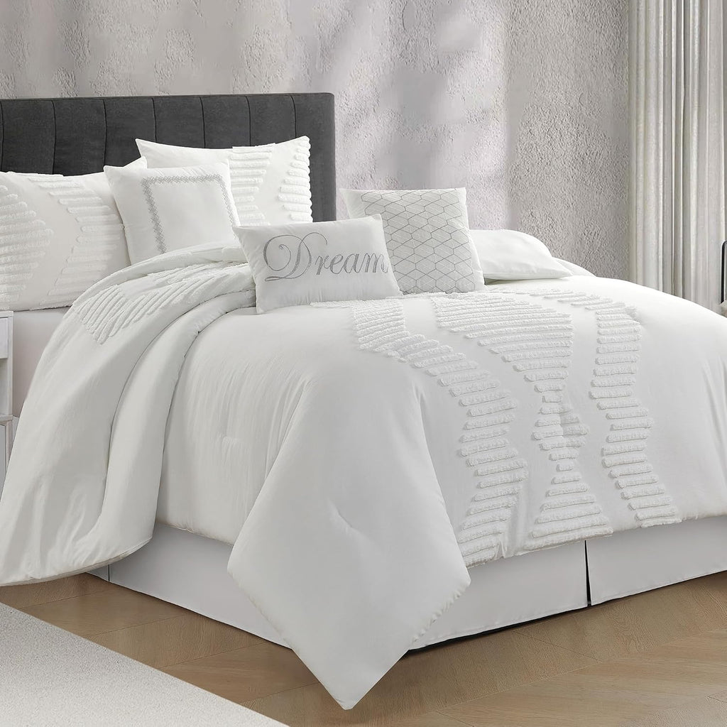 LANCO MODERN LIFESTYLE White Comforter Set 7 Piece, Queen, Tufted Embroidery Geometric, Ultimate Comfort Bedding Set for All Seasons, Bed in a Bag Included Comforter, Bedskirt, Shams and Decor Pillows