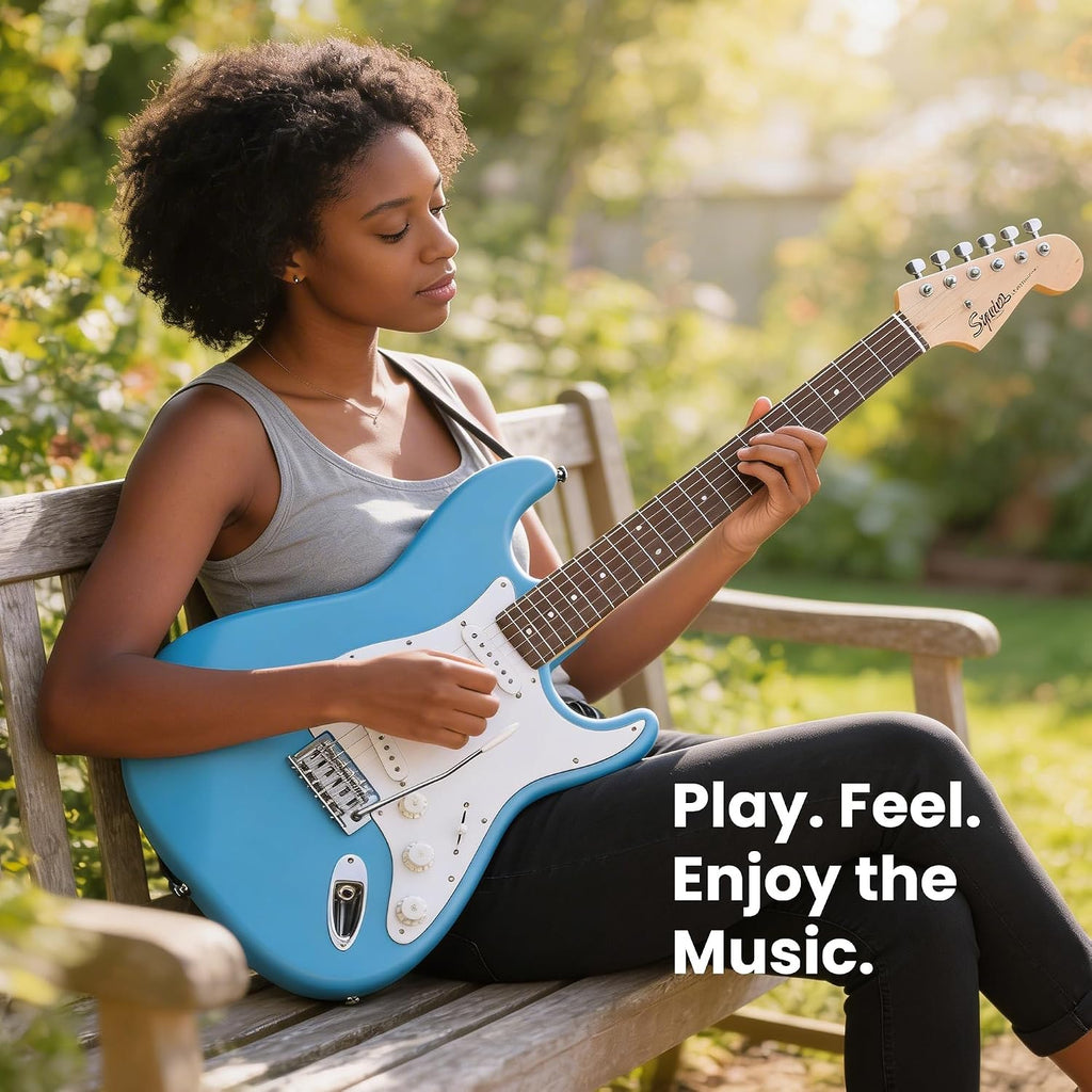 Fender Squier Stratocaster - California Blue Bundle with Amplifier, Gig Bag, Strap, Instrument Cable, Picks, and Austin Bazaar Instructional DVD