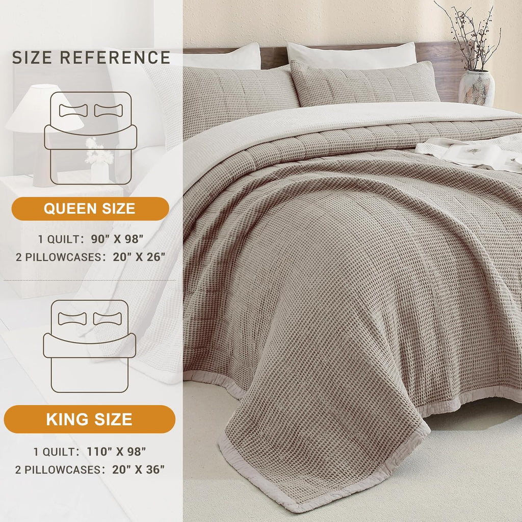 CozyTide 100% Cotton King Size Quilt(110x98 Inch),Dark Khaki Lightweight Waffle Bedspread Vintage Farmhouse Boho King Quilt Bedding Set Ultra Soft
