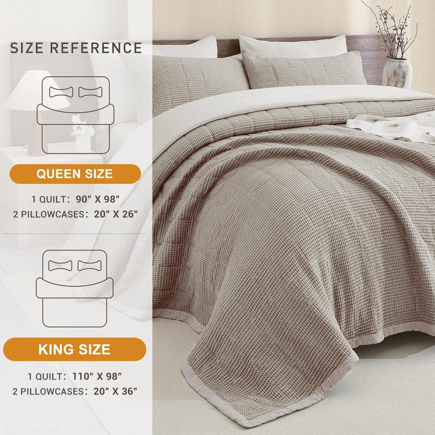 CozyTide 100% Cotton King Size Quilt(110x98 Inch),Dark Khaki Lightweight Waffle Bedspread Vintage Farmhouse Boho King Quilt Bedding Set Ultra Soft
