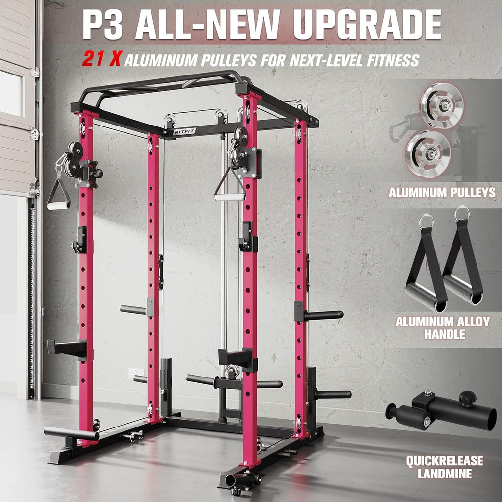 RitFit Multi-Function Garage & Home Gym Package Includes 1200LBS Power Cage PPC03/P3 with Cable Crossover System, Weight Bench, Olympic Barbell Weight Set, Full Body Workout