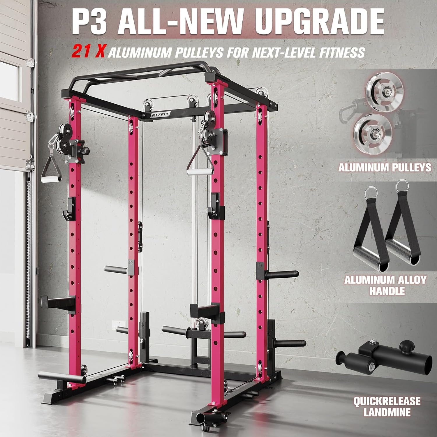 RitFit Multi-Function Garage & Home Gym Package Includes 1200LBS Power Cage PPC03/P3 with Cable Crossover System, Weight Bench, Olympic Barbell Weight Set, Full Body Workout