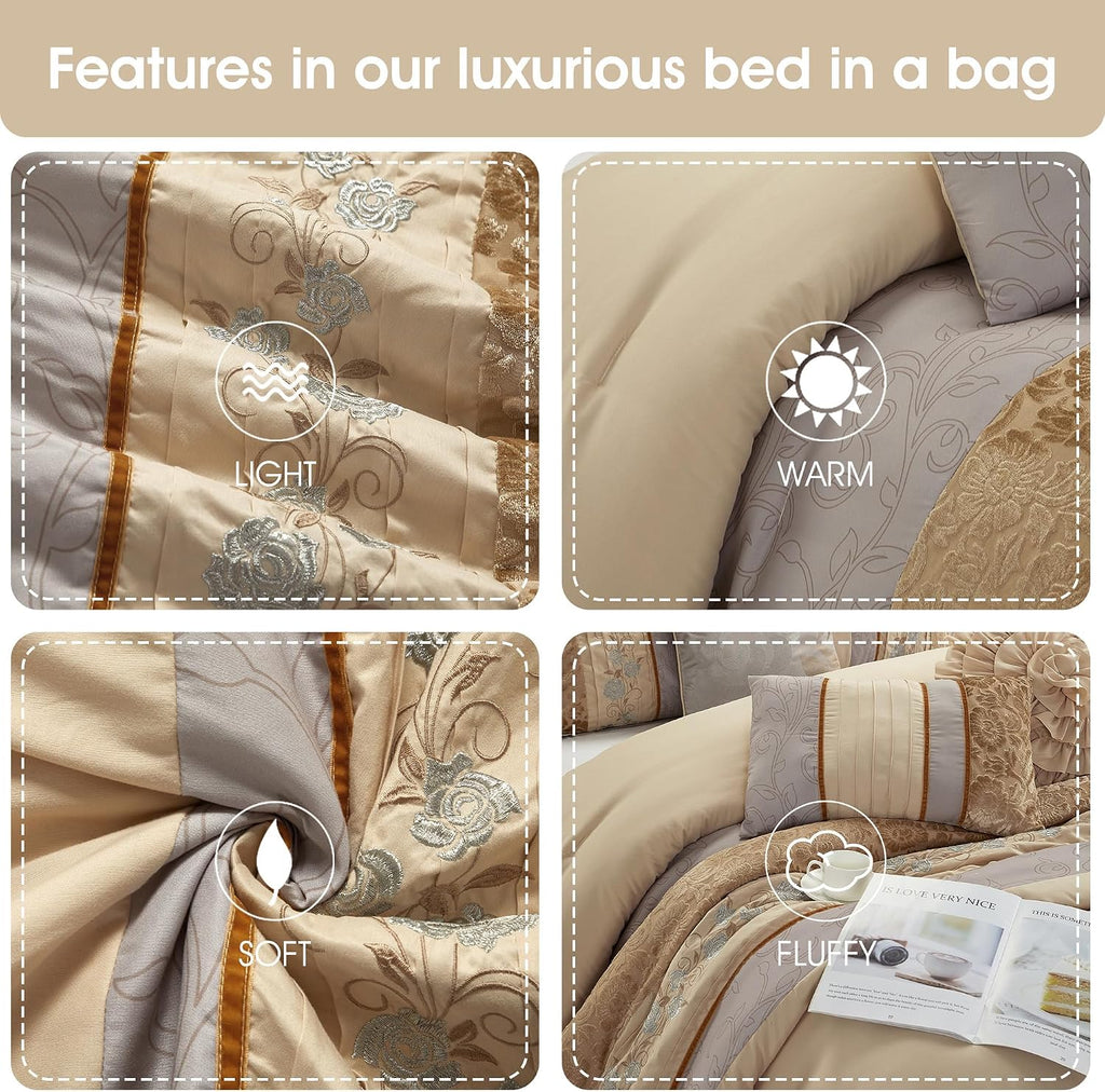 Grand Avenue Sand King Comforter Set, Piecework with Flocking Embroidery Bedding, Floral 7 Pieces Comforters, Bedskirt, Pillows & Shams