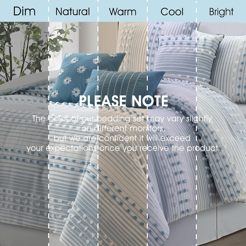 LANCO MODERN LIFESTYLE California King Comforter Set, Azure, Jaquard Clip Striped Design, Elegant Soft 7 Pieces Bedding Set for All Seasons, Matching Bedskirt, Pillow Shams and Decor Pillows