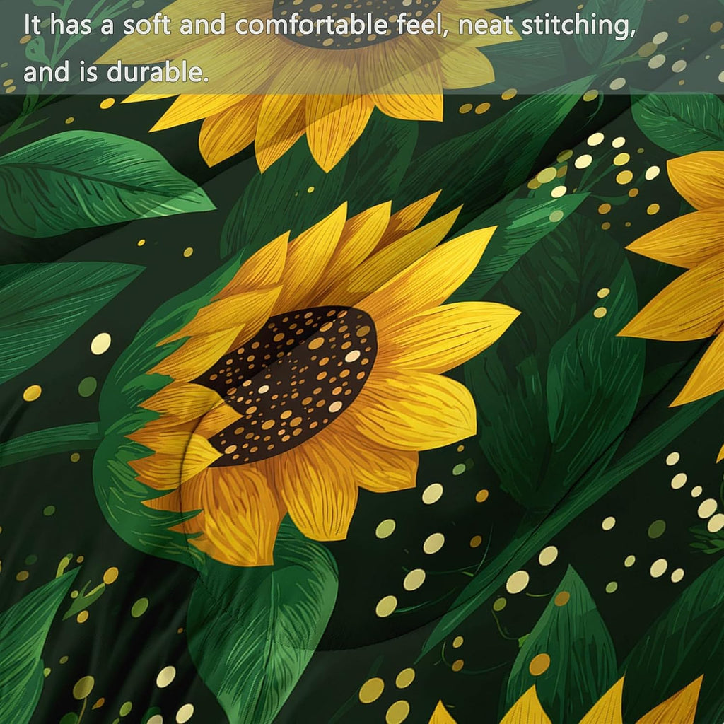 Comforter Set King with 2 Pillowcase, Hand Drawn Sunflower Petals 3 Pcs Quilted Bedding for Kids and Adults, Soft Fluffy Breathable Microfiber Dark Green Comforter for Bedroom Decor