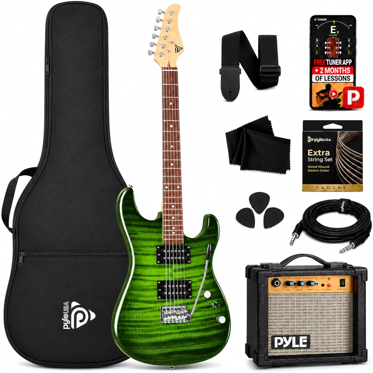 Pyle Electric Guitar Kit with Amp, Full Size Instrument with Humbucker Pickups, Guitarra Electrica Amplifier and Beginner Bundle Accessories, 39' Green
