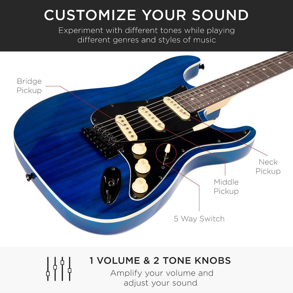 Best Choice Products 39in Full Size Beginner Electric Guitar Starter Kit w/Case, Strap, 10W Amp, Strings, Pick, Tremolo Bar - Midnight Blue