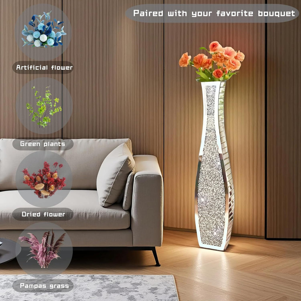 36' Extra Tall Double Sided Crushed Diamond Vases, Mirrored Silver Vase,Floor Vases Decorative Tall, Large Decorative Vase for Home,Office,Hotel Decor(7.72' L x4.33 W x 36' H)