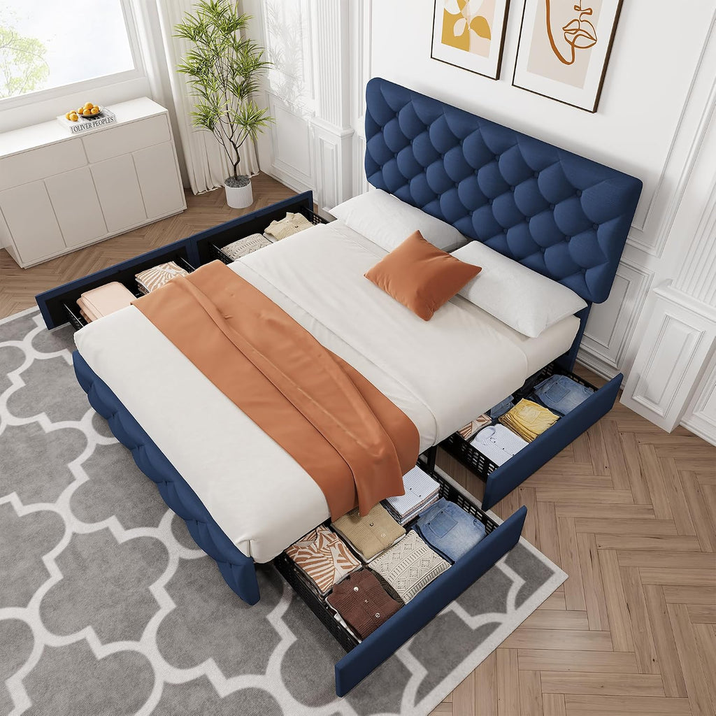 Queen Size Bed Frame with 4 Storage Drawers, Linen Upholstered Platform Bed Frame with Headboard and Footboard, Wooden Slats Support, Diamond Stitched Button Tufted, No Box Spring Needed, Blue