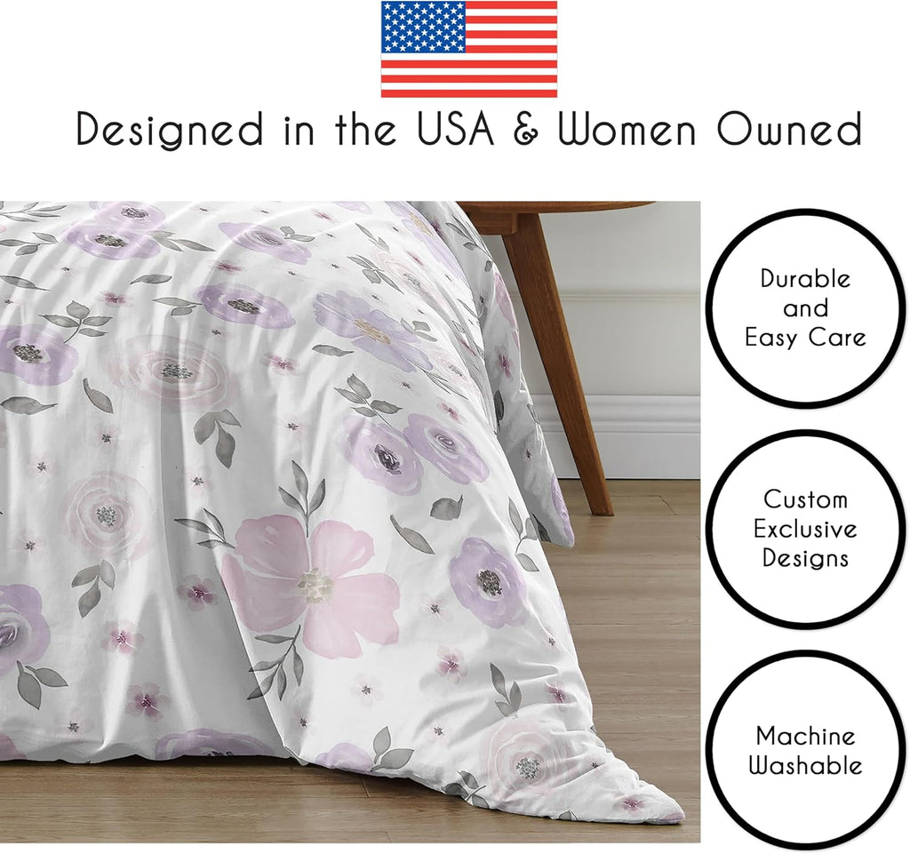 Sweet Jojo Designs Lavender Purple, Pink, Grey and White Shabby Chic Watercolor Floral Girl Full/Queen Teen Childrens Bedding Comforter Set - 3 Pieces - Rose Flower