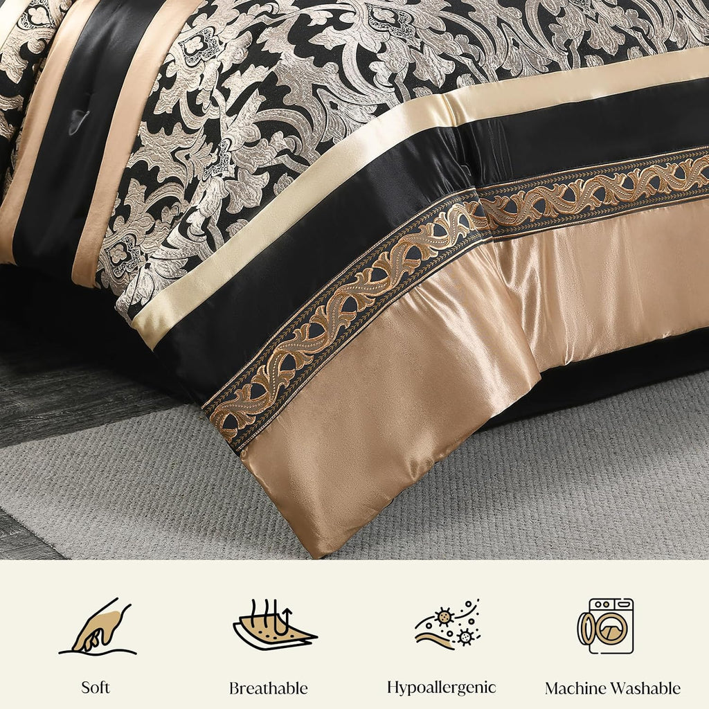 CozyDH Black and Gold Jacquard Comforter Set - 7 Piece King Luxury Damask Patchwork Design, All Season Down Alternative Bedding with Bed Skirt, Shams, Decorative Pillows, 104x90 in