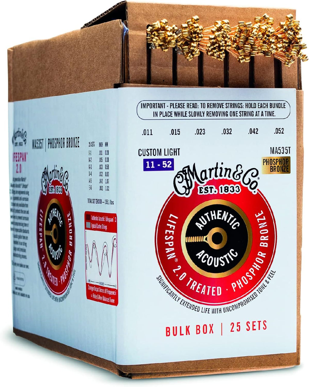 Martin Authentic Acoustic® Lifespan® 2.0 Guitar Strings – Phosphor Bronze, Custom Light Gauge, Bulk Box (25 Sets) |Bulk Box for Acoustic Guitar Players, Techs & Repair Shops