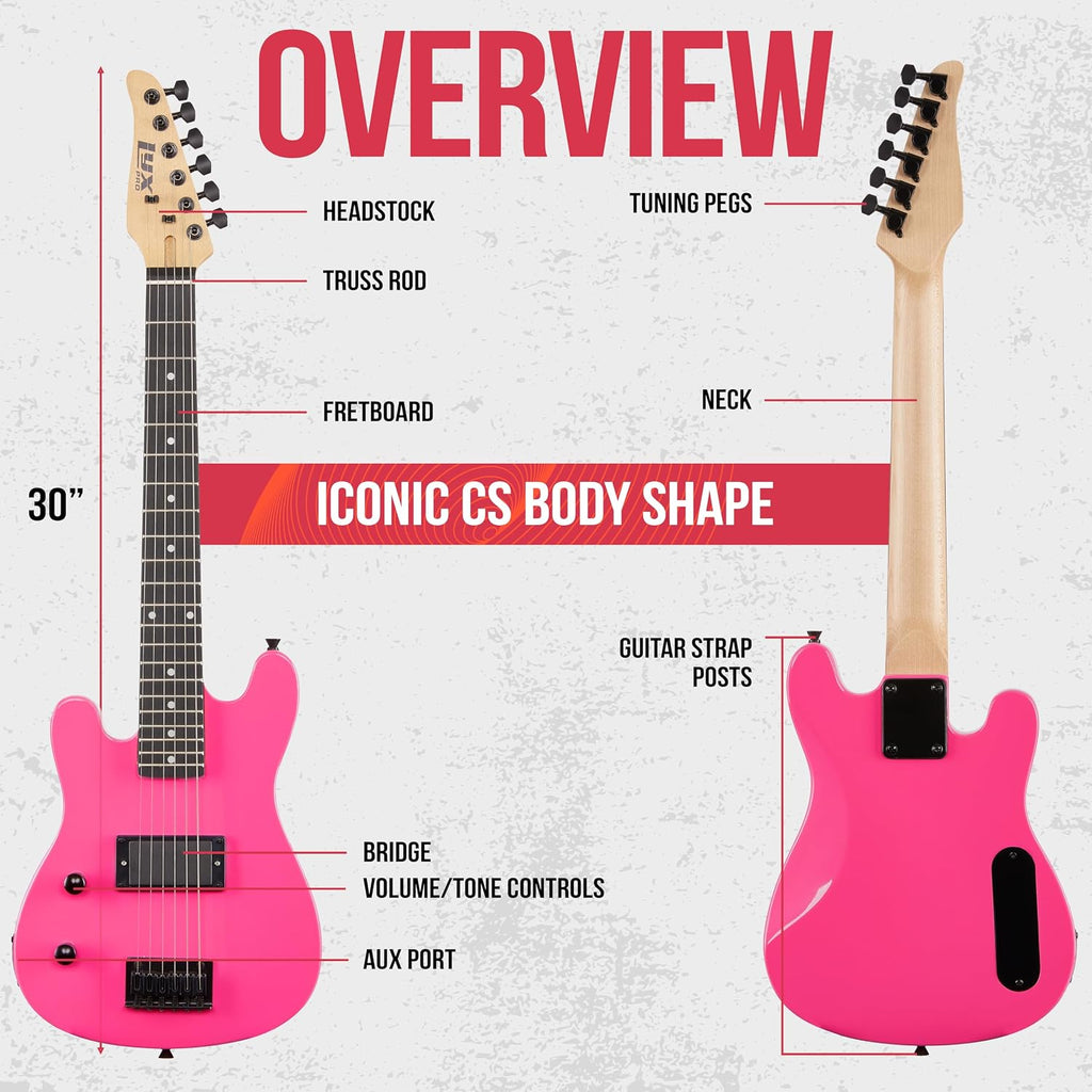 LyxPro CS 30' Left Hand Electric Guitar Kit for Beginner, Intermediate & Pro Players with Guitar, Amp Cable, 6 Picks & Learner's Guide, Solid Wood Body, Volume/Tone Controls, 5-Way Pickup - Pink