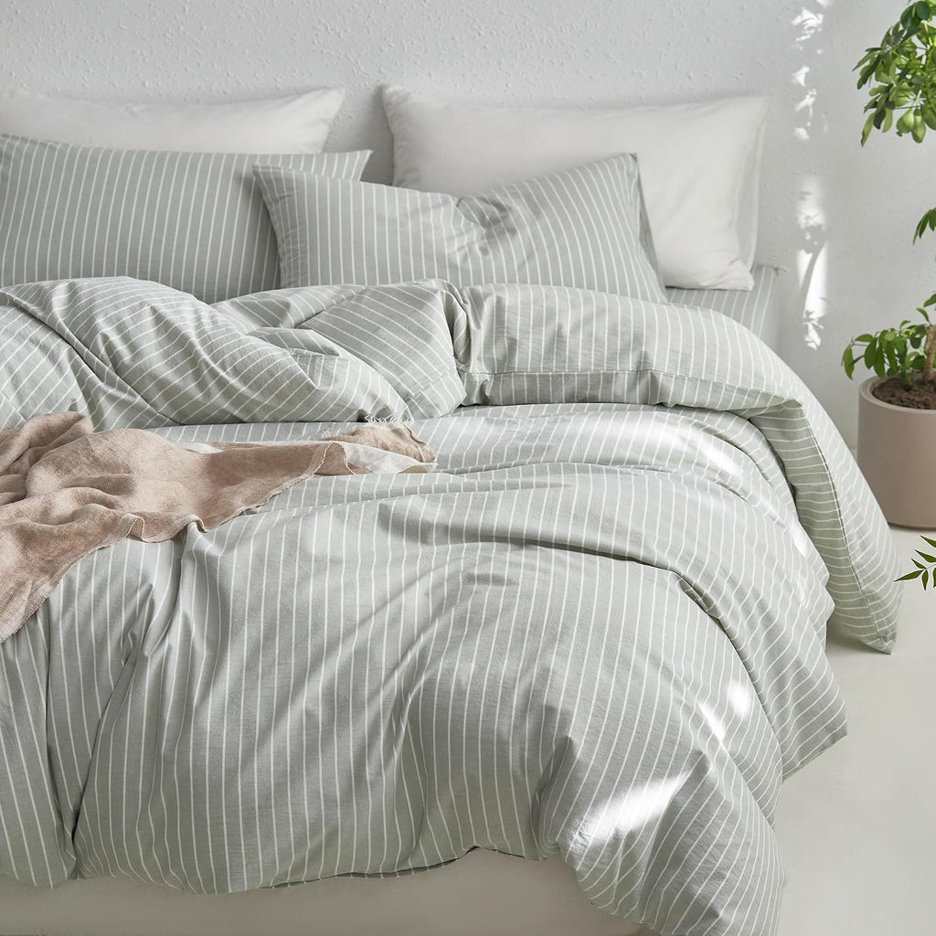 MooMee Striped Duvet Cover Set 100% Washed Cotton Linen Like Textured Breathable Durable Soft Comfy (Sage Green White Wide Stripes, Palatial King/Oversized King 120'x98')