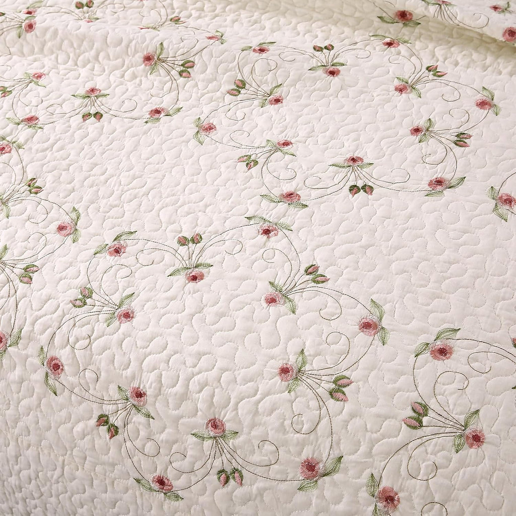 Quilt Set Floral Leaves 3D Embroidery Pattern 3 PCS Cotton Reversible Quilted Embroidered Decorative Bedspreads Coverlet Set, Lightweight &Soft Queen Size Beige Bedding Coverlet for All Season