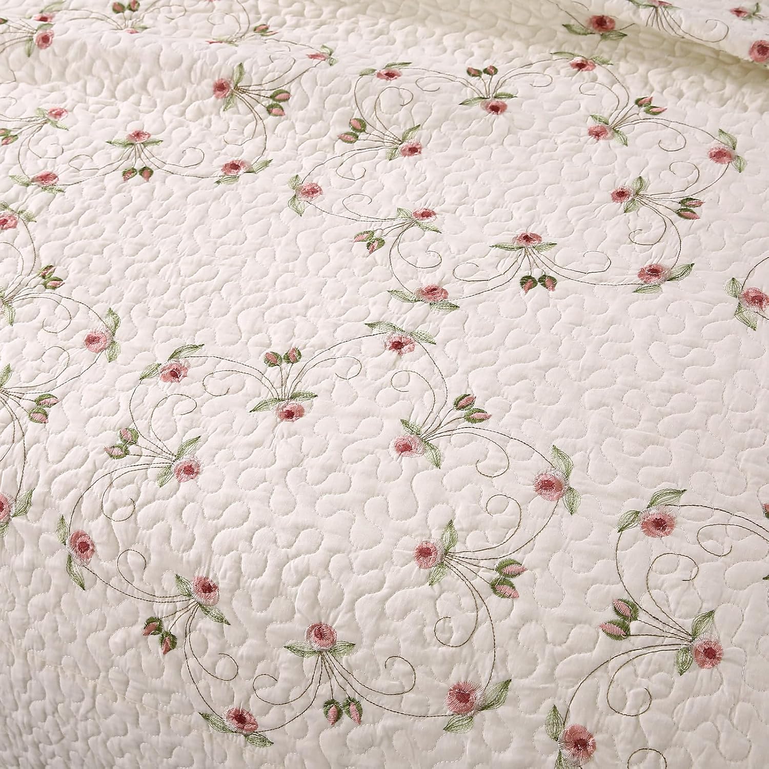 Quilt Set Floral Leaves 3D Embroidery Pattern 3 PCS Cotton Reversible Quilted Embroidered Decorative Bedspreads Coverlet Set, Lightweight &Soft Queen Size Beige Bedding Coverlet for All Season