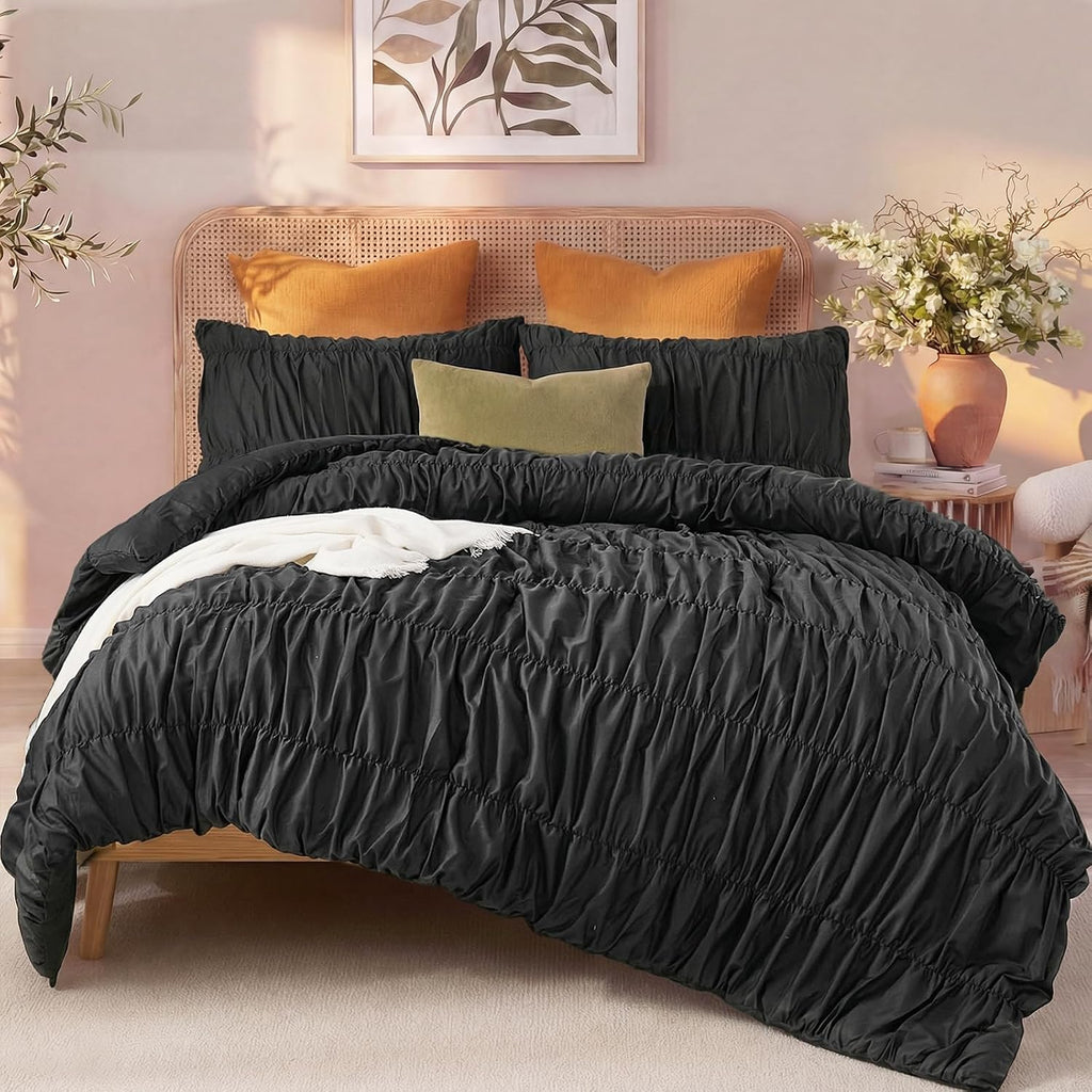 Bedbay Black Ruched Comforter Set King Size,100% Cotton Boho Bedding Set,Black Cinched Fluffy Comforter for Bedroom,3 Pcs Vintage Ruffle Bedding Aesthetic Room Decor for All Seasons