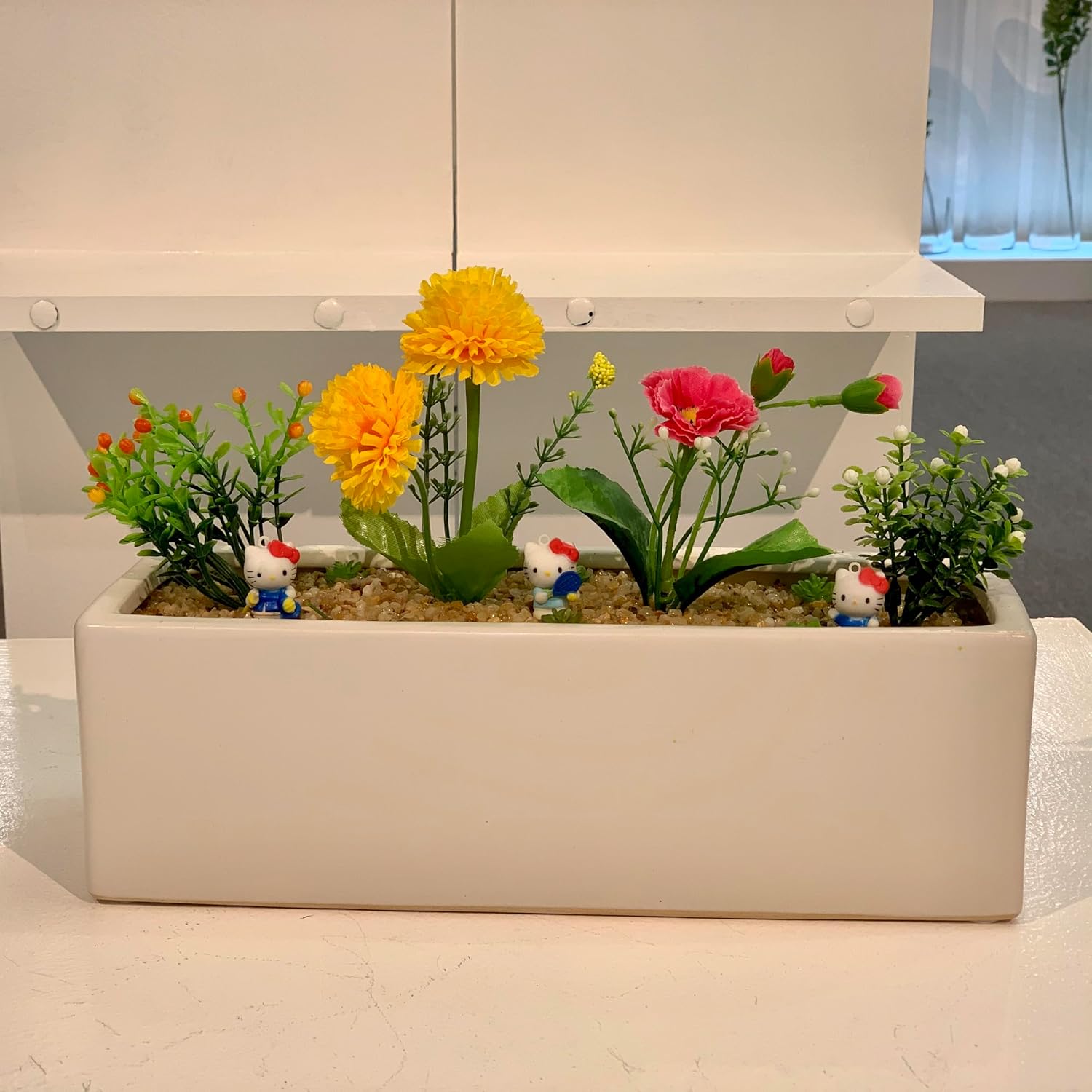 WGVI Long Rectangle Ceramic Planter Vase in White 12' x 4' x 4'H, Block Rectangular Terrarium Box Pot, Flower Arrangement, Table top Centerpiece, Home Decor Organization Storage Container, 6 Pcs.