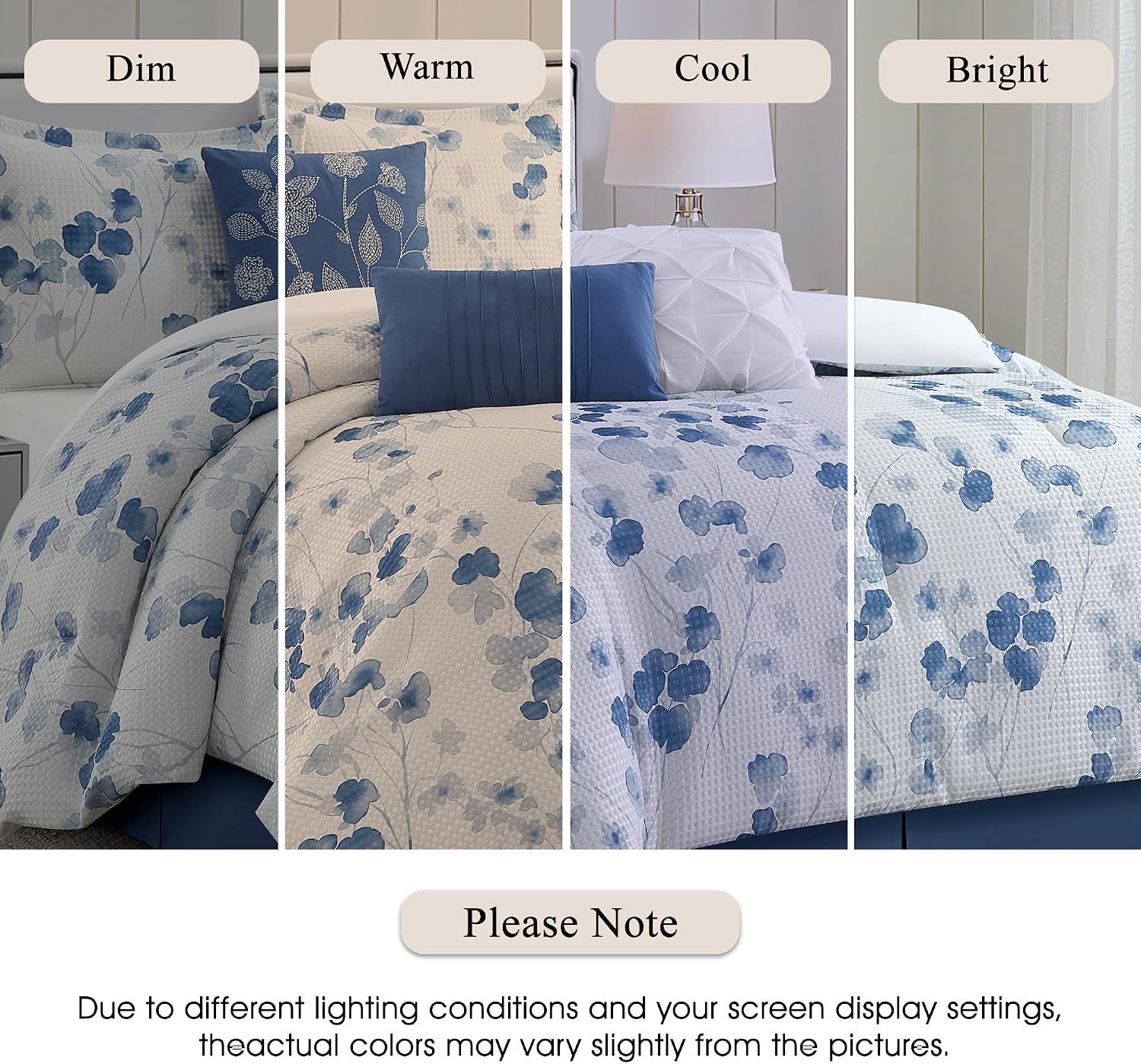 Stratford Park Waffle Printed Polyester Comforter Set, Blue Floral 7 Piece Queen Bedding Set, Elegant All Season Bedding, Matching Pillows, Shams, Bed Skirt