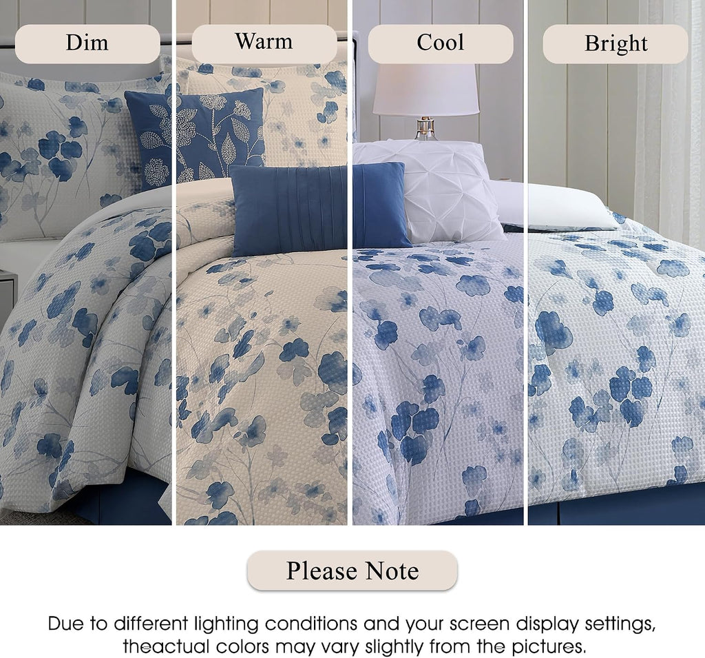 Stratford Park Waffle Printed Polyester Comforter Set, Blue Floral 7 Piece King Bedding Set, Elegant All Season Bedding, Matching Pillows, Shams, Bed Skirt