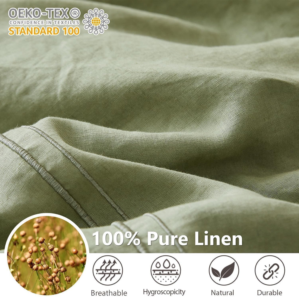 Simple&Opulence 100% Washed Linen Duvet Cover Set 104'x92' - 3 Pieces Soft Farmhouse Comforter Set Double Embroidered with Button Closure - 1 Duvet Cover and 2 Pillowshams (Sage Green, King)