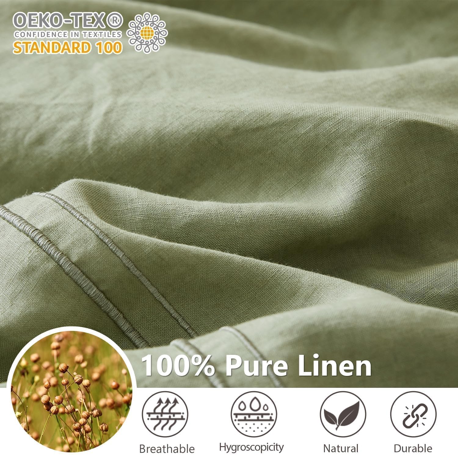 Simple&Opulence 100% Washed Linen Duvet Cover Set 104'x92' - 3 Pieces Soft Farmhouse Comforter Set Double Embroidered with Button Closure - 1 Duvet Cover and 2 Pillowshams (Sage Green, King)