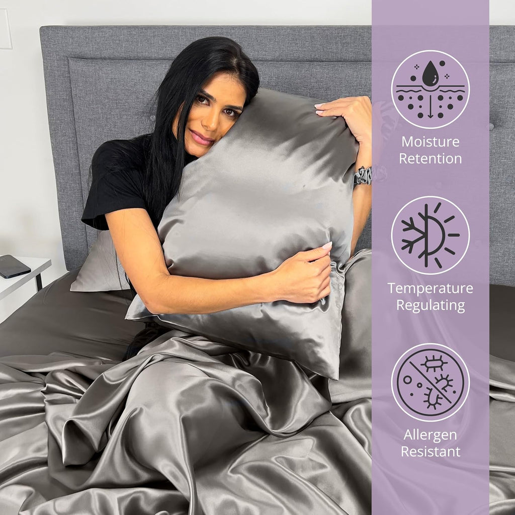 Mulberry Park Silks - 22 Momme 100% Mulberry Silk Sheets - Queen Size Bed Set - 16' Pocket - Luxurious Bed Sheets & Pillowcases, Skin-Friendly & Breathable - Charmeuse Silk for Hair Care - Gunmetal