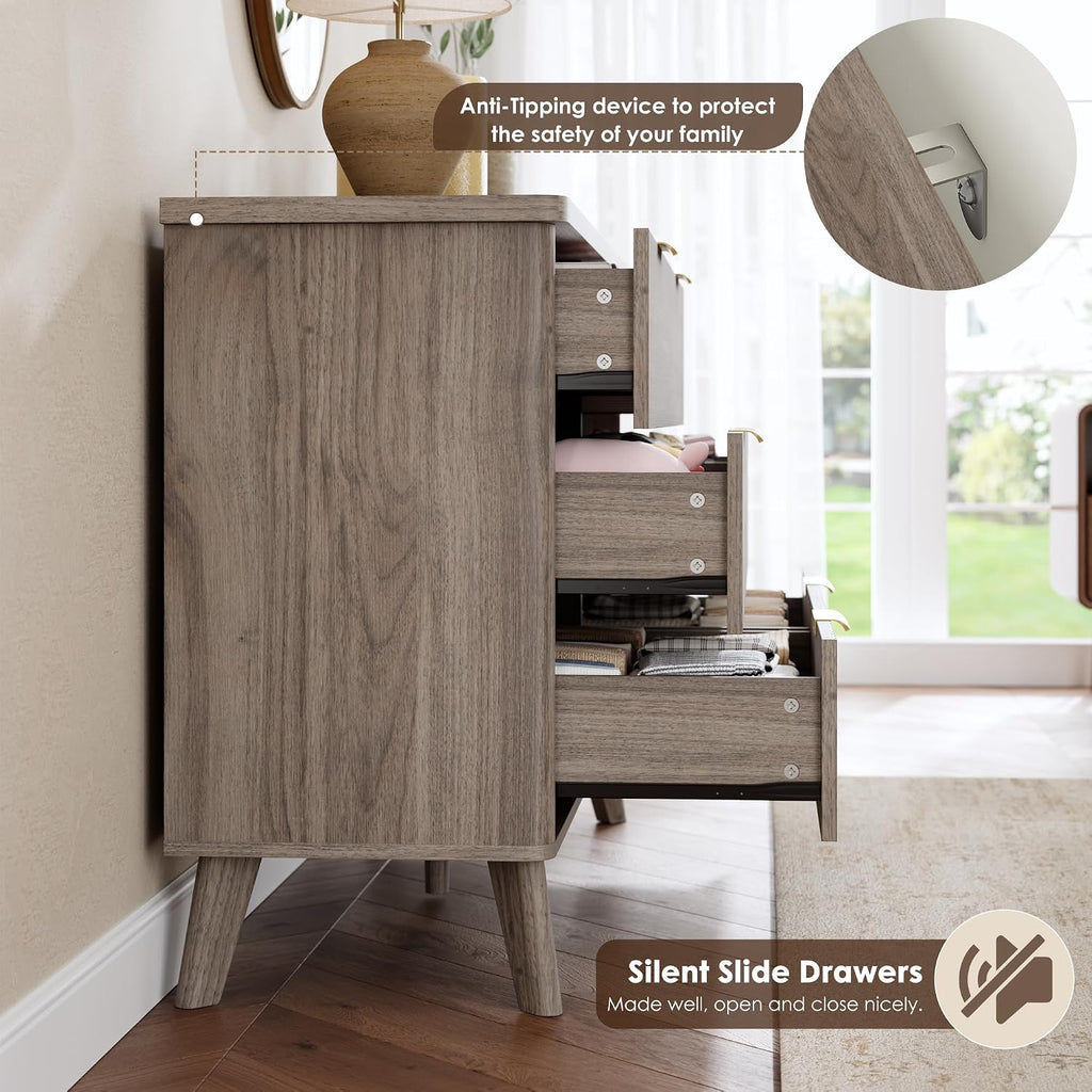 GarveeHome Fluted Dresser for Bedroom with 6 Deep Drawers, 47.2 in Wide Modern Chest of Drawers, Wooden Dresser TV Stand, Curved Profile Design, for Living Room, Kids Room, Hallway, Grey