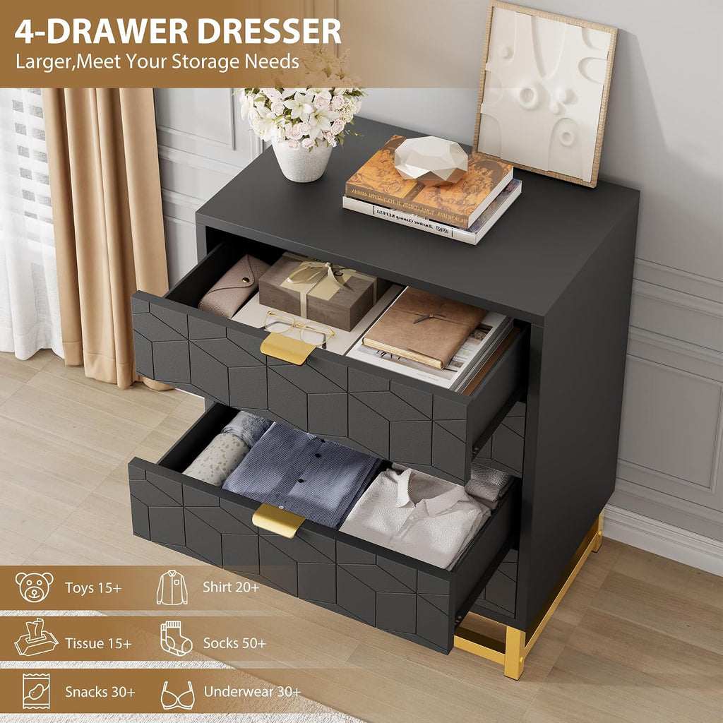 IDEALHOUSE Black Dresser for Bedroom, 4 Drawer Dresser with Metal Legs, Modern Dressers Chest Organizer with Wide Storage, Chest of Drawers for Bedroom, Living Room, Entryway
