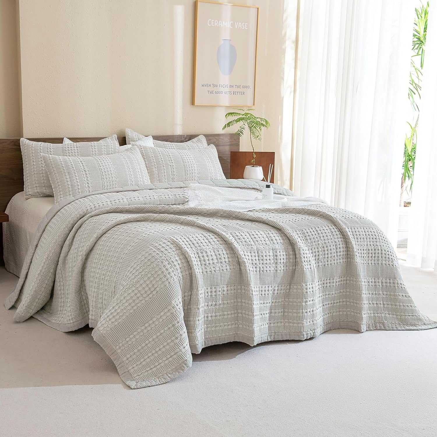 CozyTide Queen Quilt Set 90'x98',Khaki Waffle Weave Cotton Bedspread 3 Pieces Farmhouse Shabby Queen Quilt Bedding Set Lightweight Luxury Bedspreads & Coverlets Ultra Soft