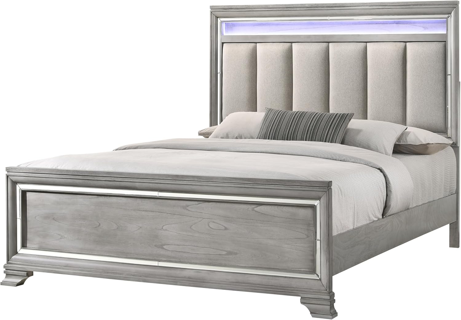 Contemporary Gray Finish Upholstered Padded King Size LED Light Bed Solid Wood 4pc Wooden Bedroom Set