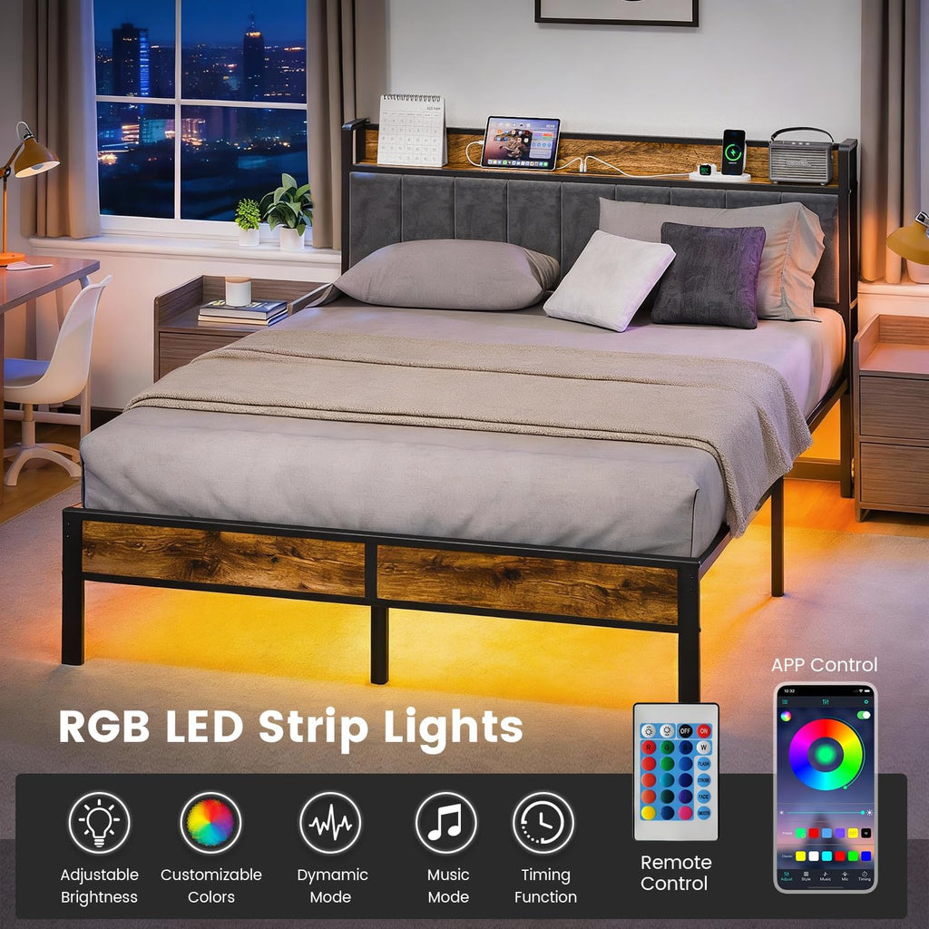 PROTEA Queen Size Bed Frame with LED Lights and Charging Station, Upholstered Storage Headboard, Heavy Duty Metal Platform with Slats, Noise Free, No Box Spring Needed, Easy Assembly