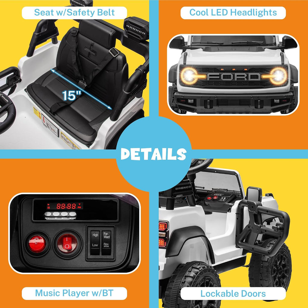 ENYOPRO 12V Electric Car for Kids Licensed Ford Bronco Raptor, Battery Powered Toddler Ride on Car w/Remote Control, Power Pedal & Durable Wheels, Soft Start, Bluetooth, LED Lights, Horn(White)