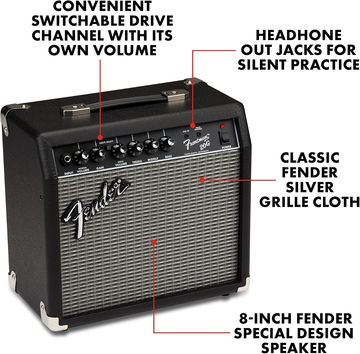 Fender Frontman 20G Electric Guitar Amplifier, 20-Watt Practice Amp with 8' Speaker, Clean & Drive Channels, 3-Band EQ, Aux In & Headphone Jack, with 2-Year Warranty