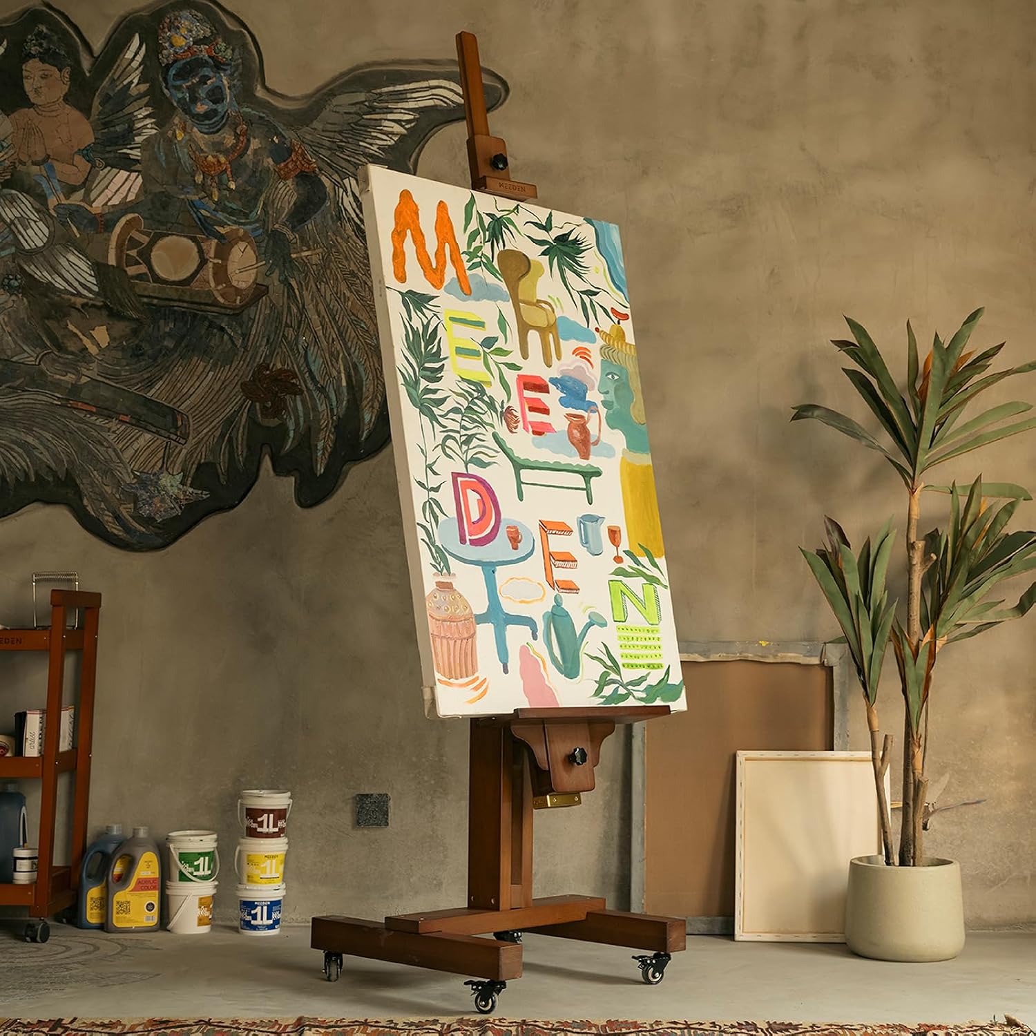 MEEDEN Extra Large Painting Easel: Solid Beech Wood Artist Studio Easel - Professional Art Easel Stand for Adults - Adjustable Movable Tilting Easels for Canvas up to 71'
