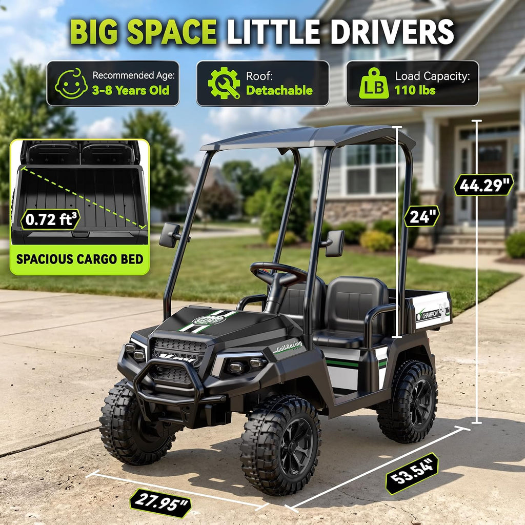 24V KidsGolf Cart w/Detachable Awning–4WD 2 Seater Ride on Car w/Large Storage Trunk, Remote Control, 3 Speeds, Music Player, LED Lights, Ride On Toys, Gift for Kids Ages 3-8(Black）
