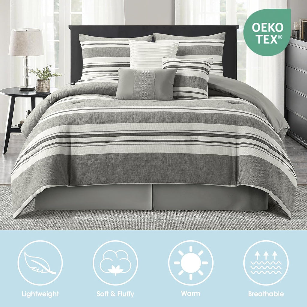 LANCO MODERN LIFESTYLE 7 Piece Queen Size Comforter Set, White Grey, Striped Jacquard Design, Soft and Cozy for All Seasons, Bed in a Bag with Comforter, Pillow Shams, Decorative Pillows and Bedskirt